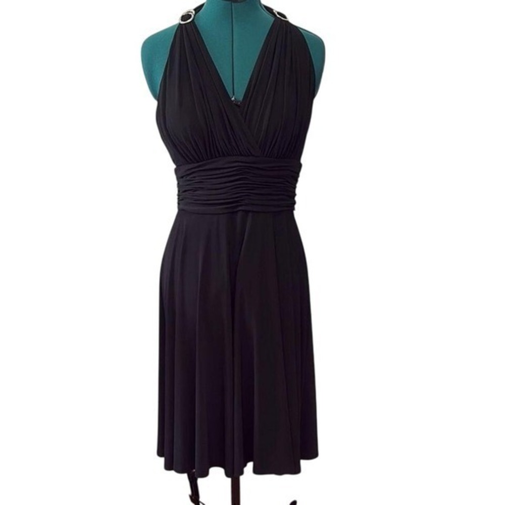 Black Cocktail Dress Womens 8 Ruched Waist Rhinestone Elegant Little Black Dress - Picture 2 of 6